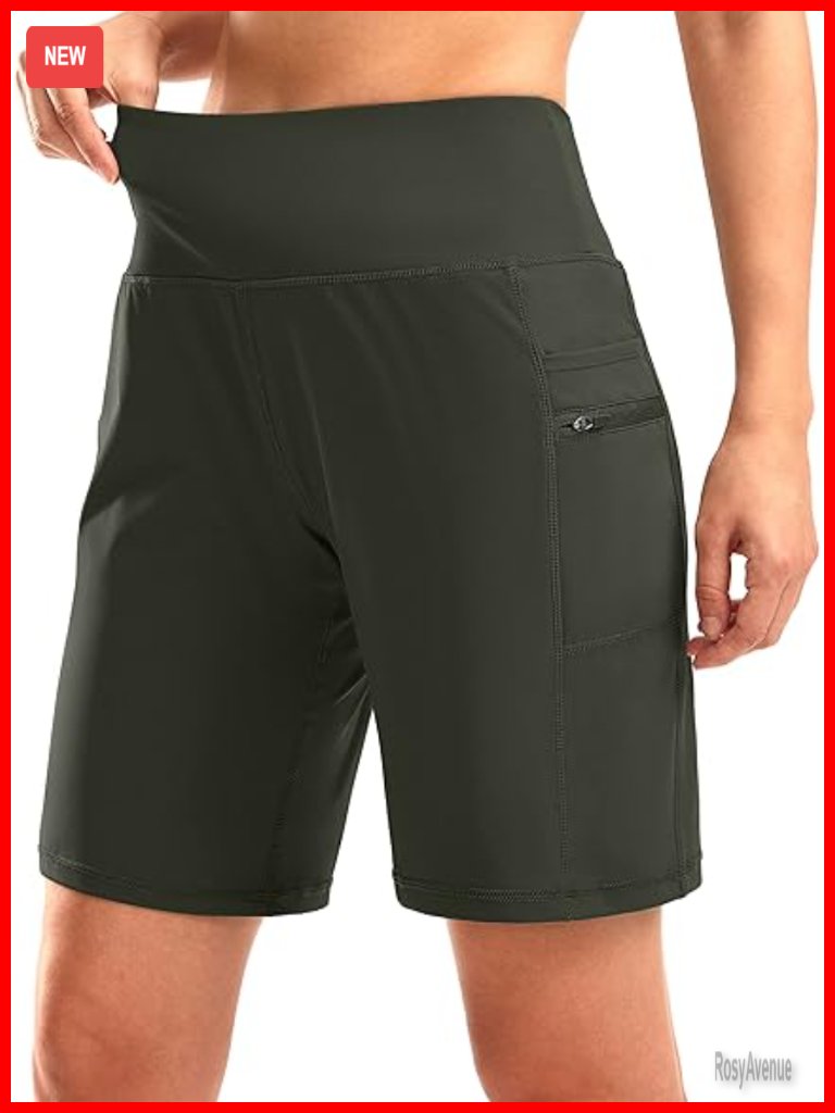 High Waisted 9" Bermuda Shorts With Zipper Pockets Athletic Workout Knee Length
